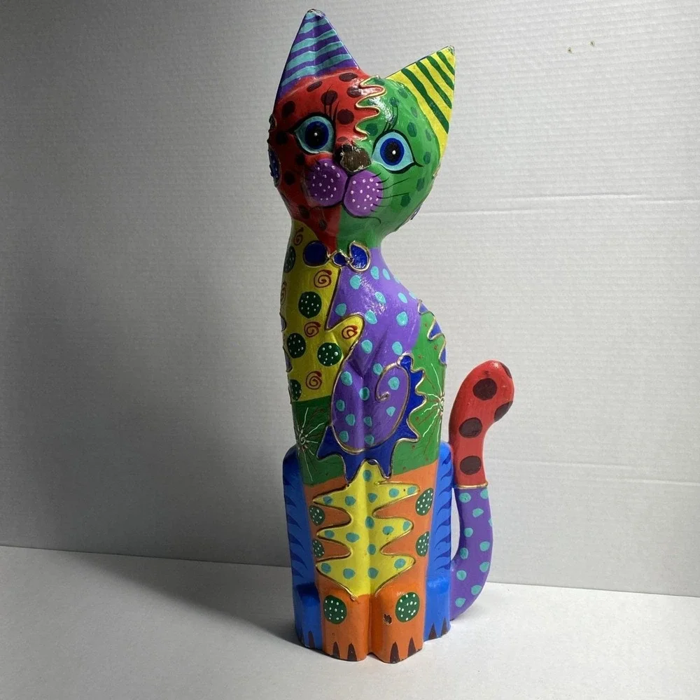 Hand-Painted Wooden Cat Figure Multicolor Folk Art Sculpture - Picture 1 of 14